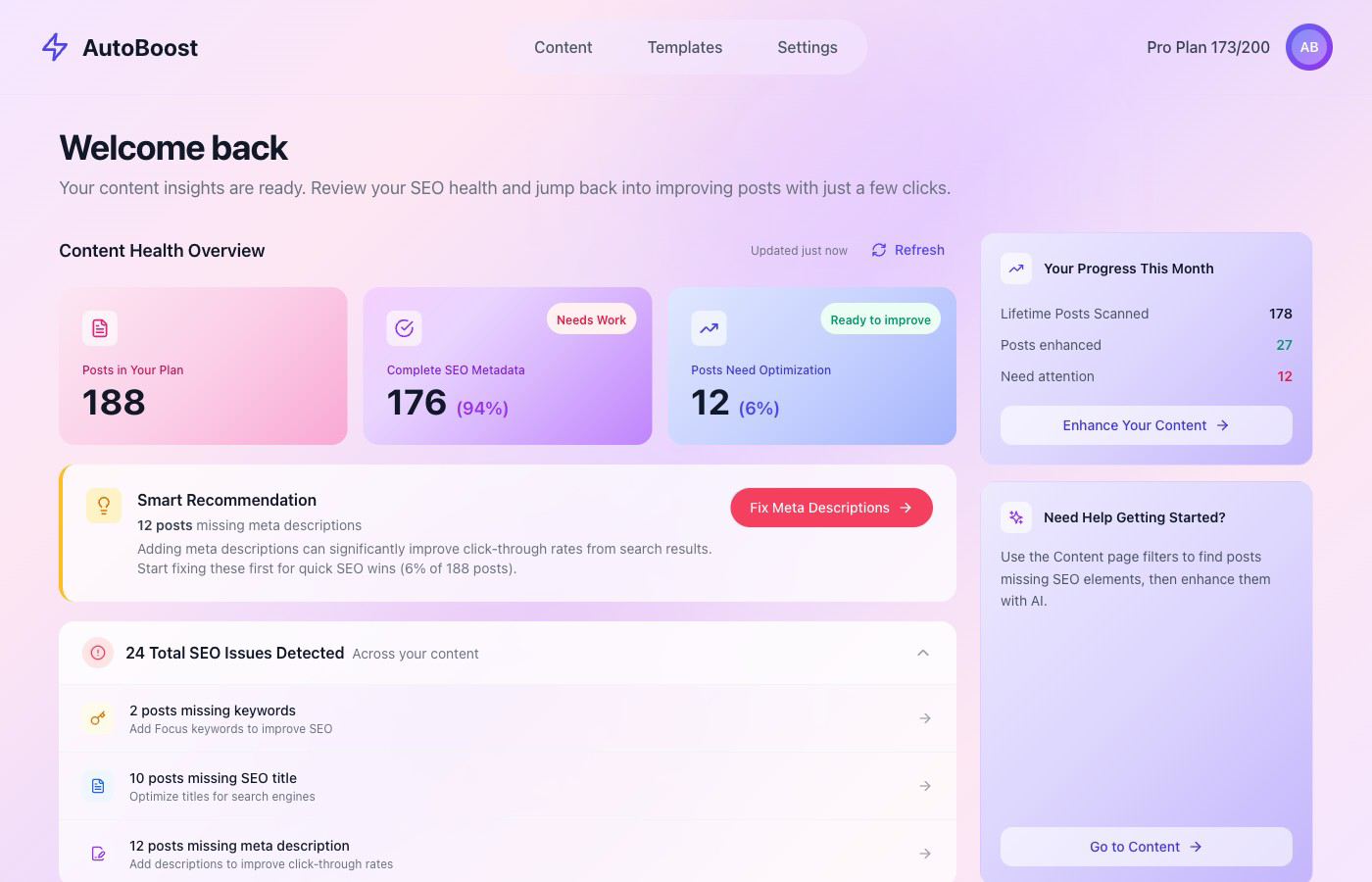 AutoBoost SEO Dashboard showing Content Health Overview with posts scanned, SEO scores, and smart recommendations